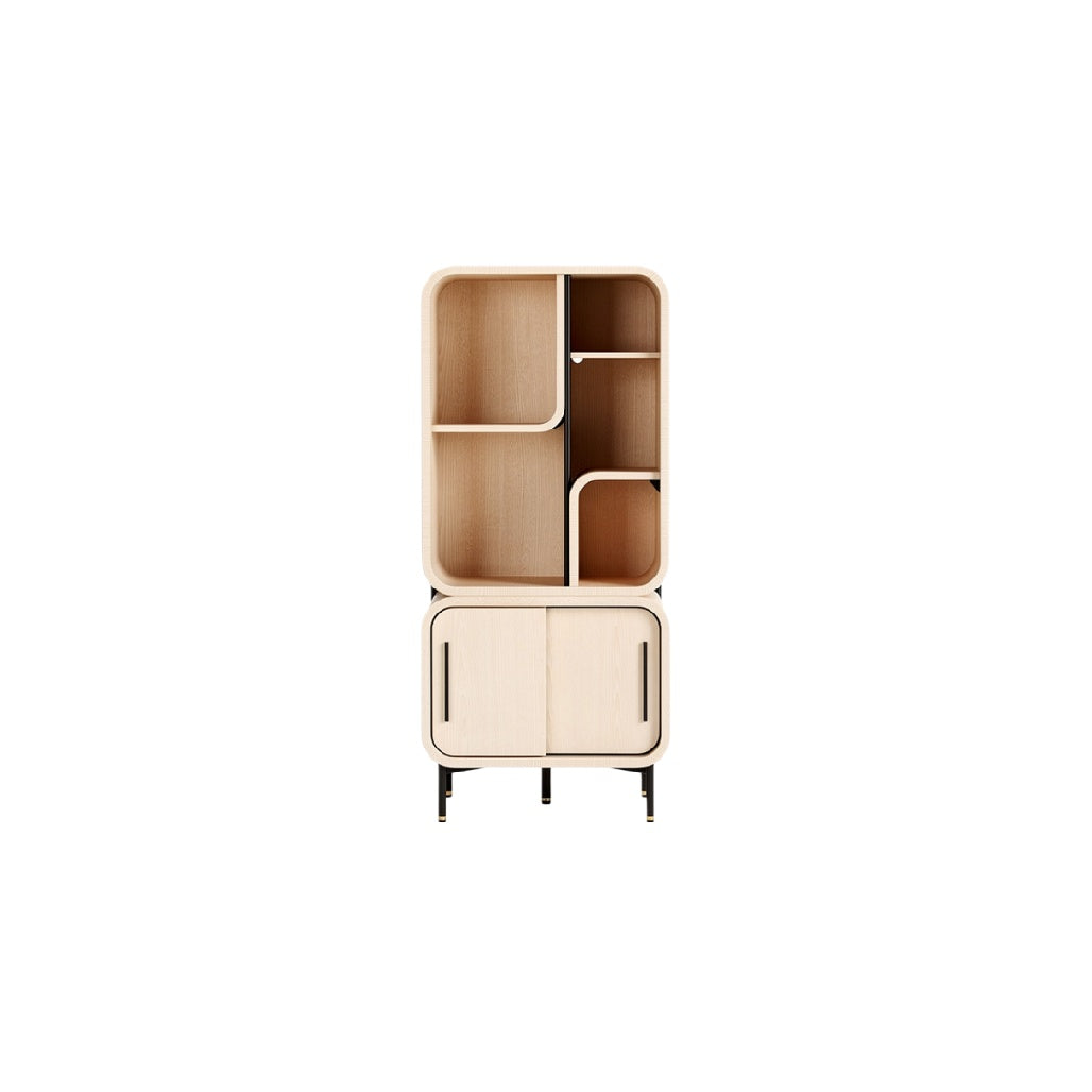 Moderne houten wandkast met open en gesloten opbergruimte.