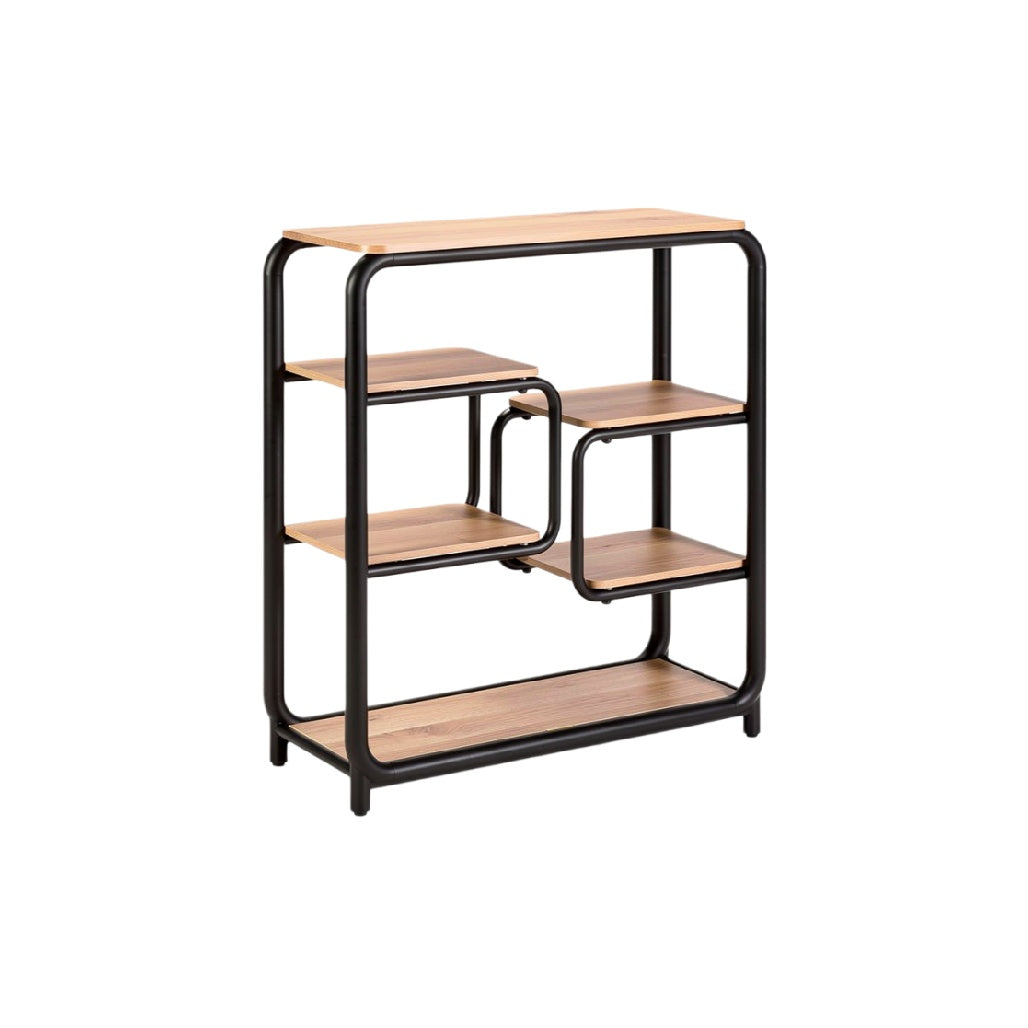 Moderne open boekenkast met houten planken en metalen frame.